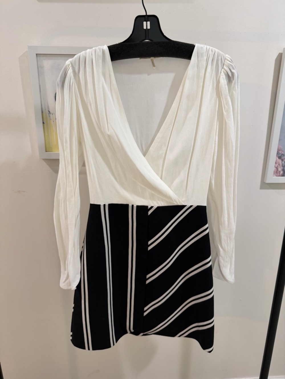Maje White and Black Striped V-Neck Long Sleeve Dress
